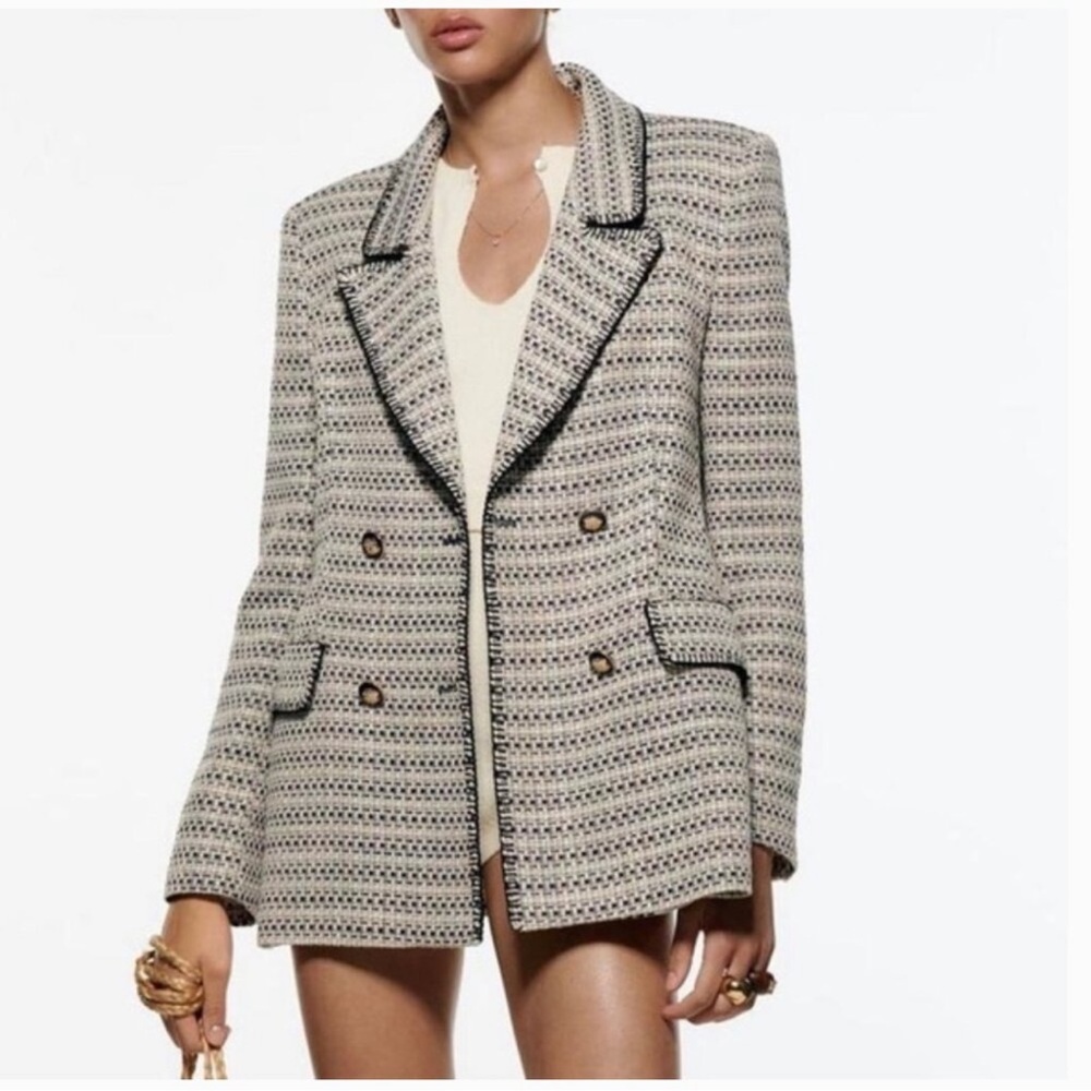 Textured Cream Tweed Double-Breasted Blazer Jacket